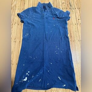 Blue Polo dress with paint splatter. Collar and two buttons. Red horse. Size L
